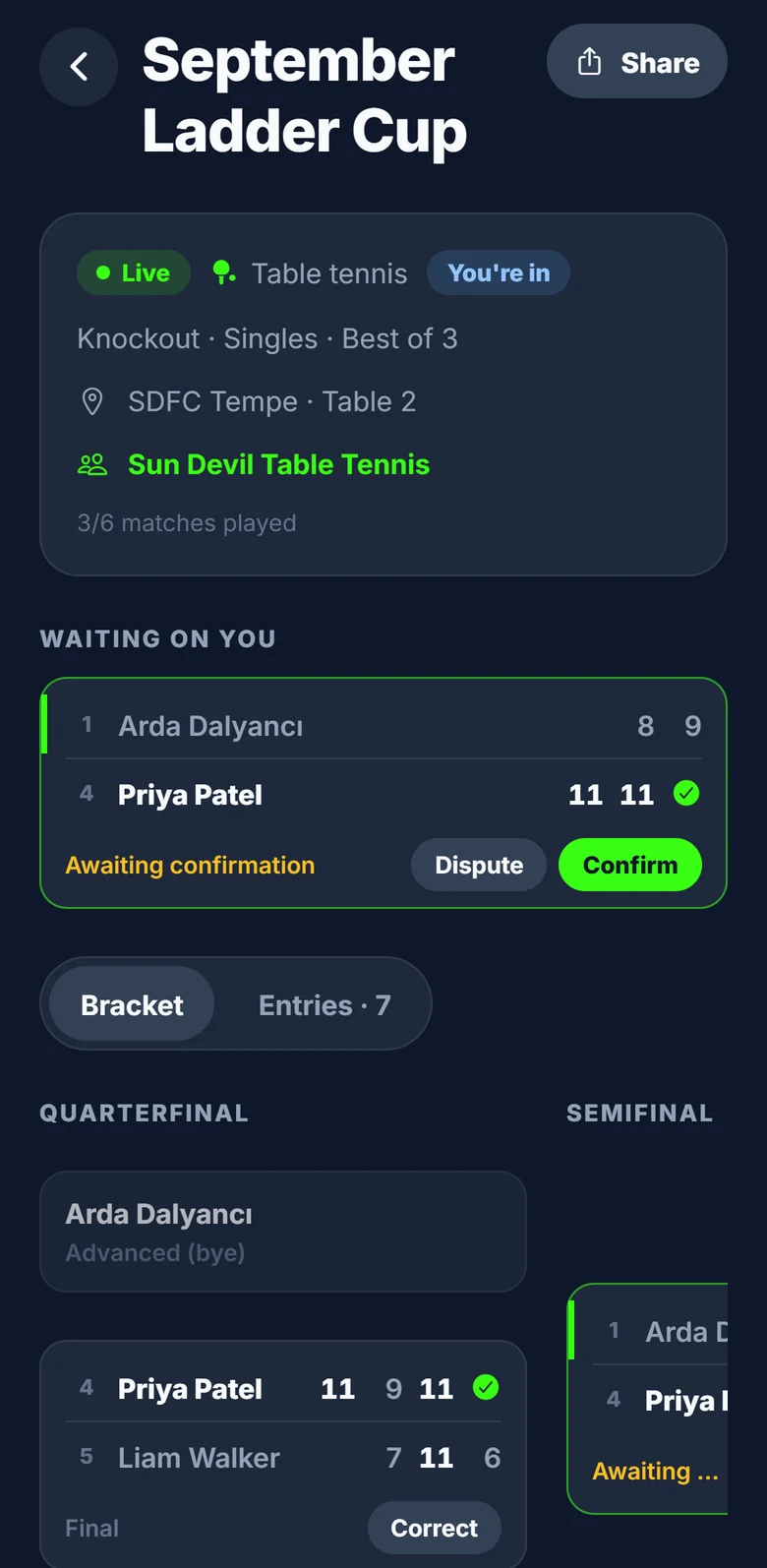 Spotter tournament bracket screen with demonstration data